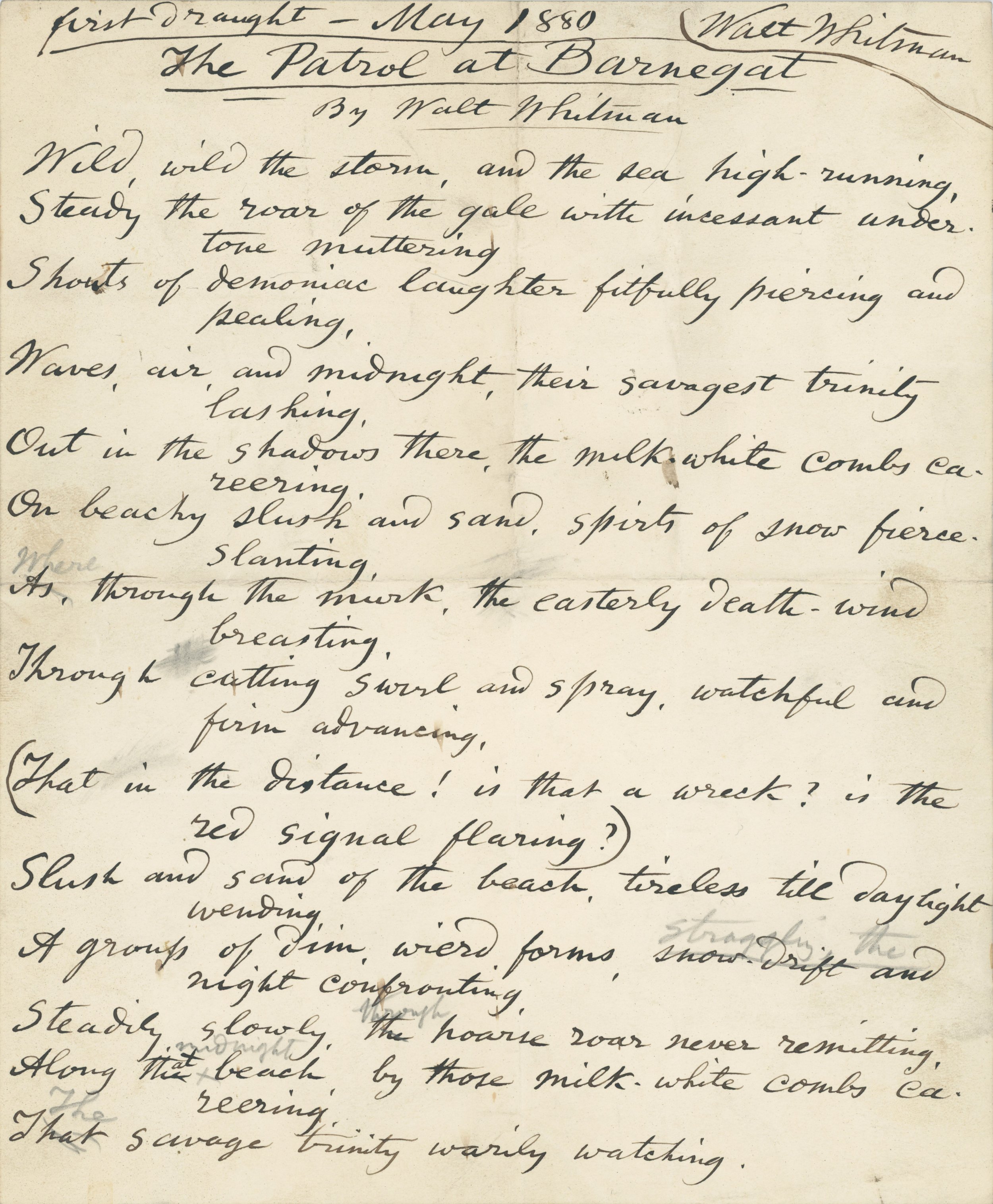 First draft of Patrolling Barnegat by Walt Whitman