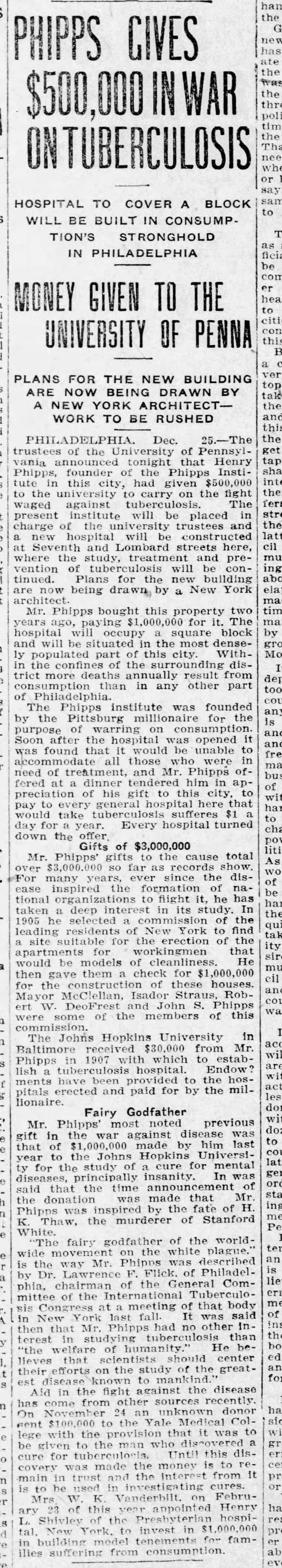 Newspaper clipping about Henry Phipps's donation to the University of Pennsylvania.