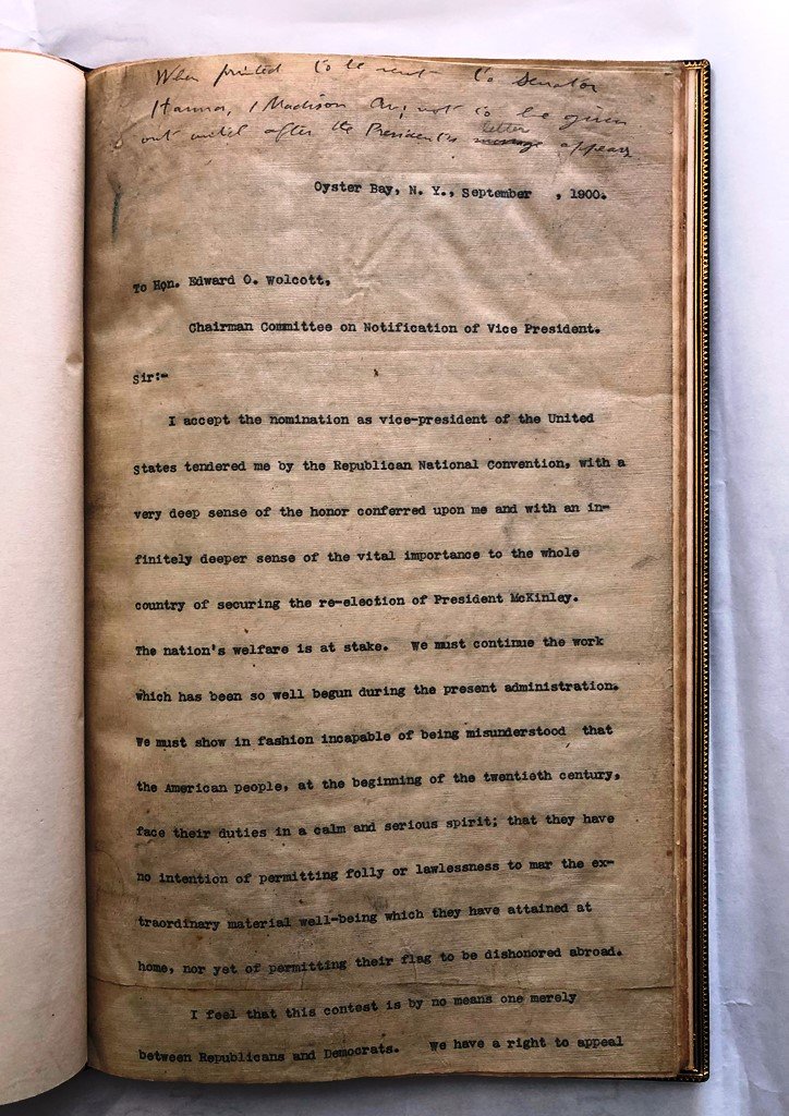 1900 Typescript speech with handwritten notes by Theodore Roosevelt