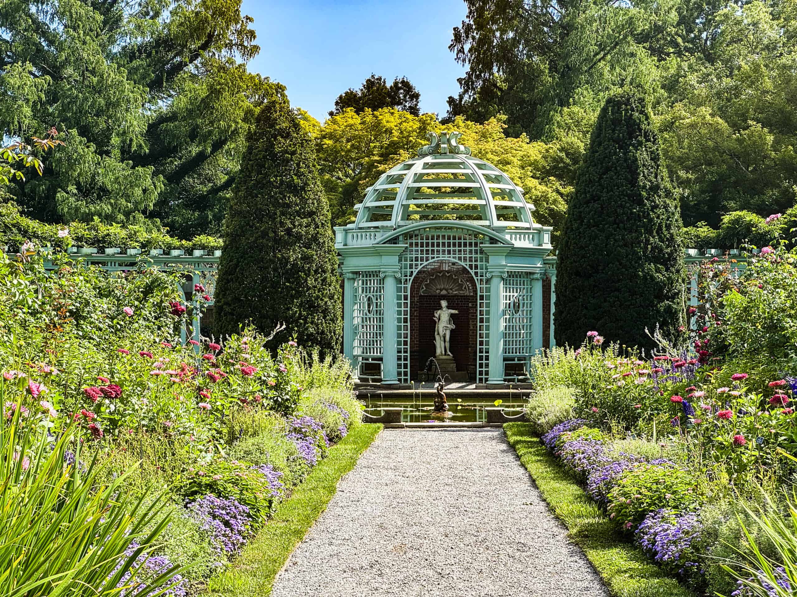View of the pergola in the walled garden on a sunny day