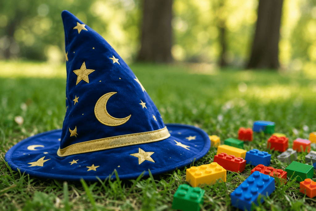 wizard hat and lego bricks on grass outside