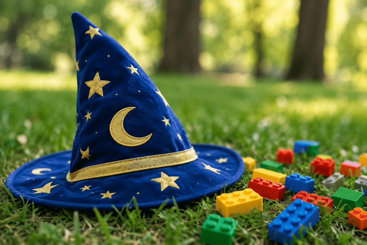 wizard hat and lego bricks on grass outside